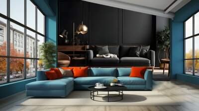 Interior design mockup of a modern, luxurious living room featuring black walls, a dark interior featuring a black wall, a wooden console, and a chair Wall mural