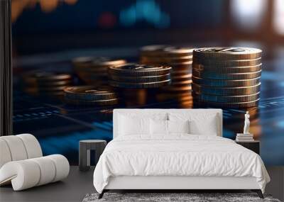 3D coin background with a blue finance chart, illustrating business growth and rising investment profits. Wall mural