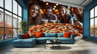 A diverse team of coworkers taking a break in the office, enjoying pizza and coffee together, with smiles and animated conversation. Wall mural