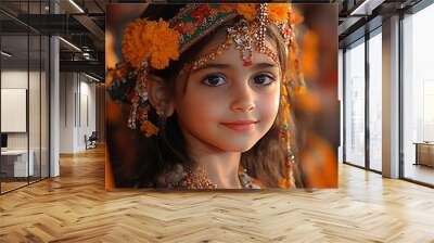 A group of children dressed in traditional attire, participating in a Navratri cultural performance. Wall mural