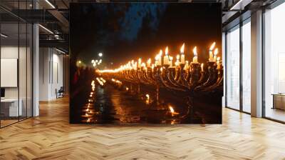 A public menorah lighting event with a large crowd gathered, glowing candles illuminating the festive atmosphere. Families and friends celebrate together. Wall mural