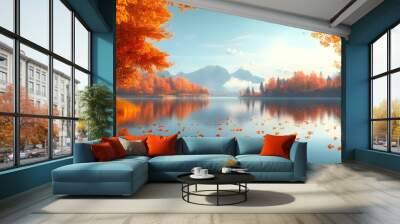 A scenic autumn nature illustration showing golden leaves floating down from trees, with a calm lake in the background and soft hills covered in fall foliage. Wall mural