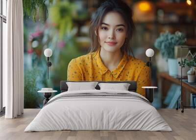 An Asian female programmer in a yellow shirt, sitting on a shelf, with her laptop screen on her leg, deeply focused on her work. Wall mural