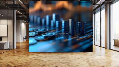 Blue business graph on a 3D coin background, showcasing financial growth and market profit bar trends. Wall mural