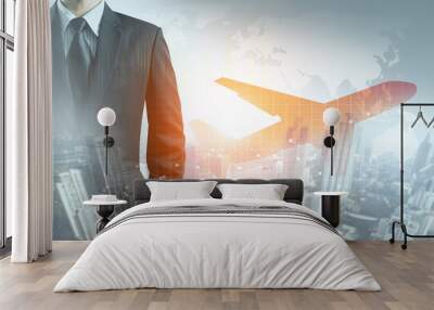 businessman and airplane with graph, city and world map background Wall mural