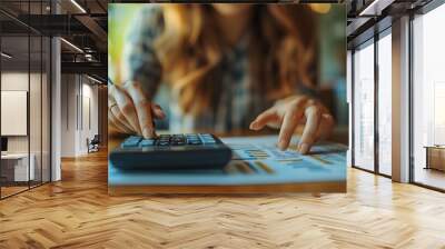 Close-up of a woman budgeting at her desk, calculator in hand, with a laptop displaying a financial report. Wall mural