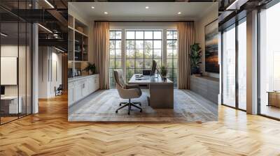 Elegant home workspace featuring a modern chair, large desk, and artwork, designed for focused work Wall mural