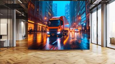 Modern delivery truck speeding through a bustling urban street with tall buildings and city lights in the background Wall mural