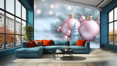 Snowy scene with bright festival lights and ice sculptures, surrounded by softly falling snowflakes, vector art Wall mural