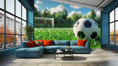 Soccer ball placed on vibrant green grass, goalpost visible in the background, 3D rendering, Wall mural