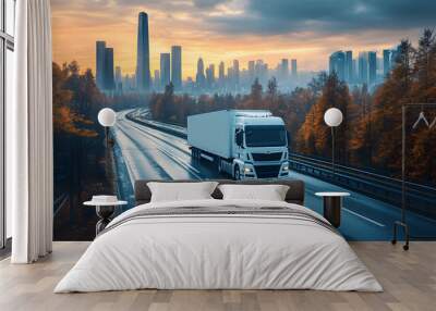 White delivery truck driving on a highway surrounded by skyscrapers, concept of fast shipping in a busy city Wall mural