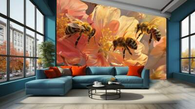 Bees are eating nectar from flowers Wall mural