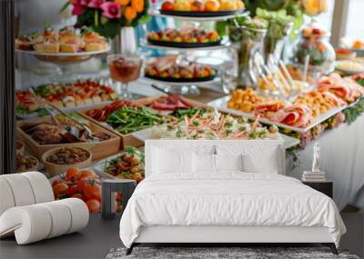 Buffet food catering food party at restaurant mini canapes snacks and appetizers Wall mural