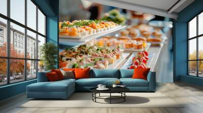 Buffet food catering food party at restaurant mini canapes snacks and appetizers Wall mural