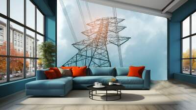 electricity pole, high voltage, wire on sky Wall mural