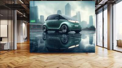 ev car run on the road with city background Wall mural