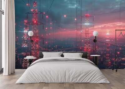 high voltage transmission towers with line data hologram with city background Wall mural