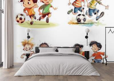 kid playing football, cartoon art , white background Wall mural