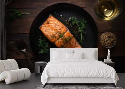 salmon steak on the dish with white wine on wood table Wall mural