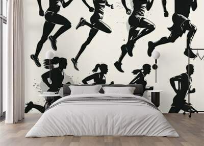 set of running men and women, silhouettes, vector, white background, Made by AI,Artificial intelligence Wall mural