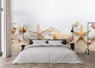 shells with corals and starfish on pure white sand Wall mural