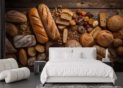 Top view of many kinds of bread on wood background Wall mural