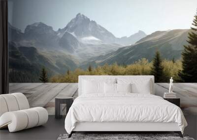 wooden board with mountain background Wall mural