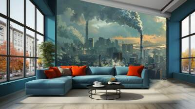 A city skyline with a large cloud of smoke rising from a factory Wall mural