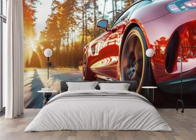 A red sports car is speeding down a road with the sun shining on it Wall mural