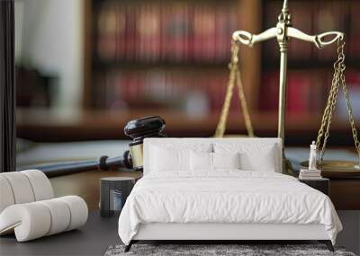 shot of a gavel and justice scale in the foreground with a lawyer consulting legal documents in the background, in a courtroom. Created Using: artistic photography, symbolic legal objects, lawyer in b Wall mural