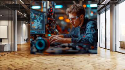 An engineer wearing safety glasses is working on the computer, surrounded by mechanical parts and digital screens displaying blueprints of an electric motor lit with glowing LED lights. The background Wall mural