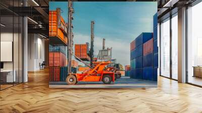 In the shipping industry, a forklift truck raises cargo containers.  Wall mural