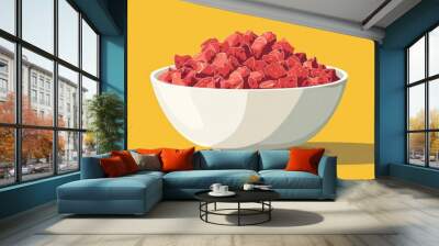 A close up shot of a white ceramic bowl filled with an array of plump juicy red strawberries against a bright sunny yellow background  The strawberries appear fresh glossy and appetizing Wall mural