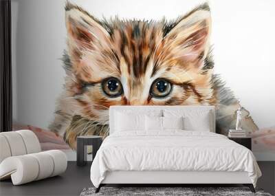 Adorable tabby kitten with playful expression peeking out curiously from the frame against a clean white background  Closeup portrait of a young fluffy domestic cat with big eyes and whiskers Wall mural