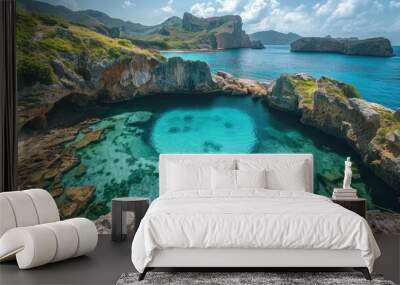 Breathtaking view of a captivating turquoise lagoon nestled within rugged cliffside coastal scenery in a tropical island paradise  The crystal clear waters reflect the surrounding natural beauty Wall mural