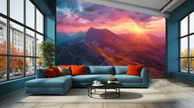 Captivating drone timelapse showcasing the breathtaking beauty of a mountain range at sunset  Peaks bathed in warm golden light as the sky transitions from vibrant oranges and pinks to deep Wall mural