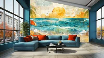 Captivating image of a stunning tropical beach scene at sunset featuring a golden sun dipping below the horizon casting a warm glow over the azure ocean waves and lush palm trees lining the shoreline Wall mural