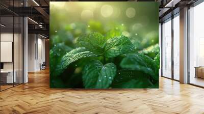 Closeup of Dewy Green Leaves with Water Droplets in a Lush Thriving Natural Garden  Soft Focus Blurred Background Highlighting Vibrant Foliage and Organic Texture Wall mural