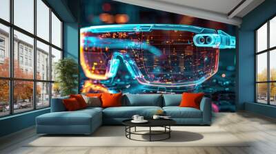 Closeup view of a futuristic transparent smart glass interface device displaying glowing data and wireframe polygon network  This high tech concept represents the future of computing virtual reality Wall mural