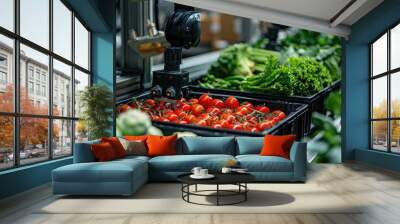 Colorful array of fresh ripe tomatoes and leafy greens on display at a farmer s market or grocery store stand  Healthy organic produce showcased for sale in a sustainable local food concept Wall mural