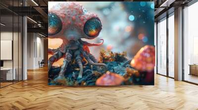 Colorful surreal creature with large alien like eyes and tentacles emerging from a fantastical psychedelic mushroom forest  This digital artwork depicts a bizarre imaginative being in a dreamlike Wall mural