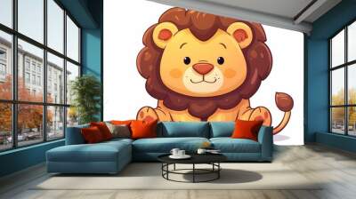 Cute and adorable cartoon of a young lion cub sitting in a playful and friendly pose on a savanna landscape background  The fluffy and furry lion character has a happy smile expression Wall mural