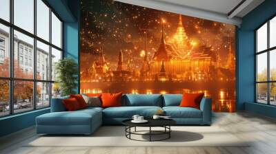 Dazzling Nighttime Reflection of Iconic Buddhist Temple on Serene River in Ancient Thai City Illuminated by Shimmering Lights Wall mural