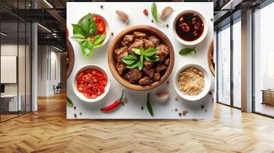 Delicious homemade Asian beef stew with fragrant herbs chili peppers and a variety of aromatic spices served on a rustic wooden table  Traditional Southeast Asian cuisine featuring rich Wall mural