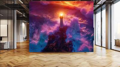 Dramatic drone captured timelapse footage showcases a lighthouse beam rotating across a darkening sky casting light over crashing waves along a rugged rocky coastline during a vibrant sunset Wall mural