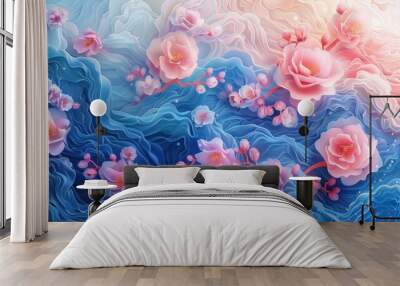 Dreamy Floral Abstract Digital Art with Swirling Cosmic Petals in Blue and Pink Hues  Ethereal fantastical background with fluid dynamic movement and a feminine romantic aesthetic Wall mural