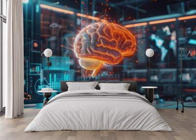 Futuristic digital visualization of the human brain with data intelligence and advanced neuroscience research  Concept of cognitive computing neural network and technological progress Wall mural