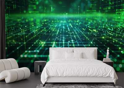 Futuristic green glowing matrix backdrop with abstract geometric patterns illuminated digital connections and a sense of advanced technology innovation and future development Wall mural