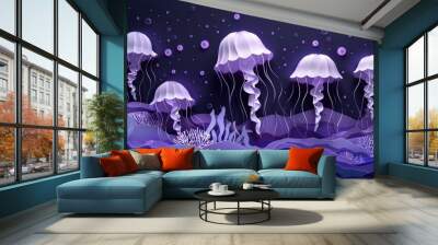 Glowing luminescent jellyfish float gracefully in an ethereal dreamlike underwater seascape creating a mesmerizing and tranquil scene of natural beauty and wonder  The deep blue Wall mural