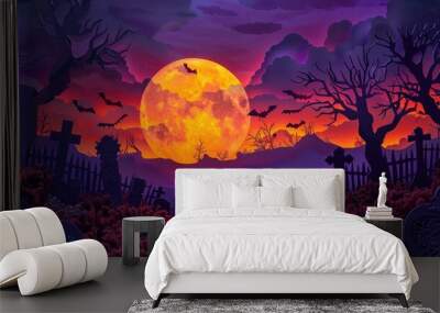 Haunting full moon casts an eerie glow over a foreboding graveyard landscape with silhouetted trees and bats against the dark ominous sky  This sinister Wall mural